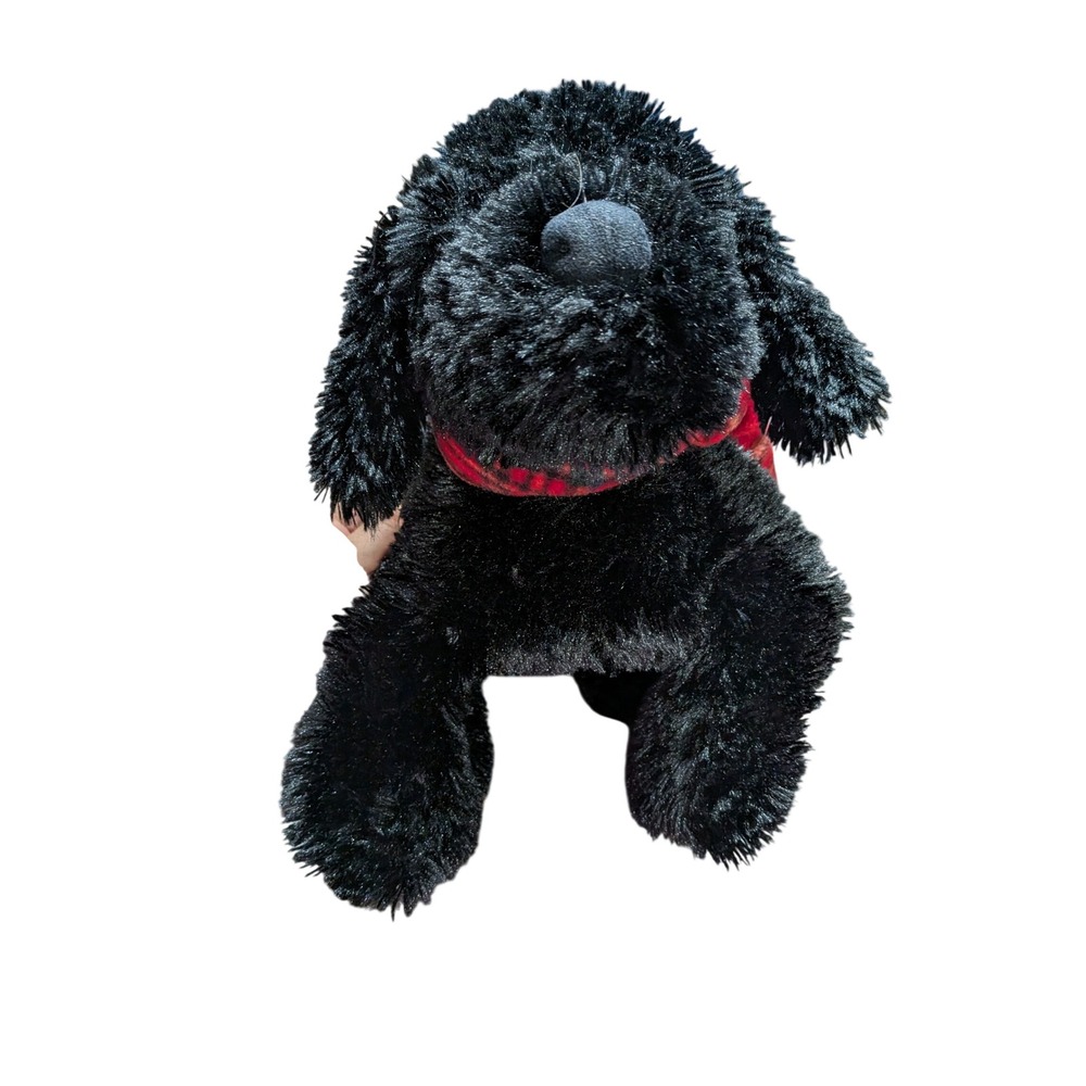Eddie Bauer Black Dog Plush Stuffed Animal Red Plaid Scarf Shaggy Weighted Puppy